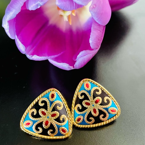 Vintage Jewelry - Vintage Teal Blue,Black, Red Enamel Earrings.